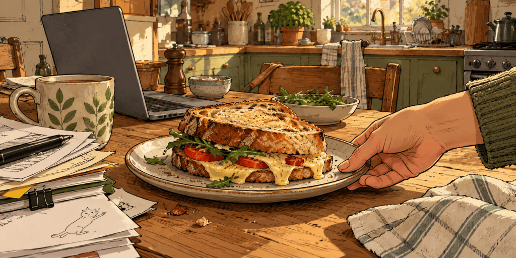 Cheese and tomato sandwich beside a mug and open laptop on a kitchen table, with papers pushed to one side.
