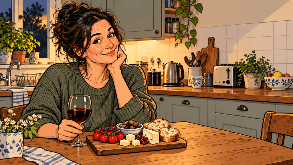 Comic style illustration of a dark haired woman sitting at a wooden kitchen table in a cosy home kitchen, smiling with a glass of red wine beside a small cheeseboard with tomatoes, olives, cheese and bread. The scene has a warm, relaxed evening feel and a slightly playful tone.